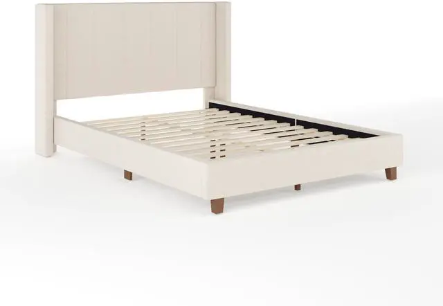 Alt view image 3 of 7 - Martha Stewart Kay Low Profile Platform Bed with Wingback Headboard, Channel Stitched Faux Linen Upholstery, No Box Spring Needed, Full, Beige