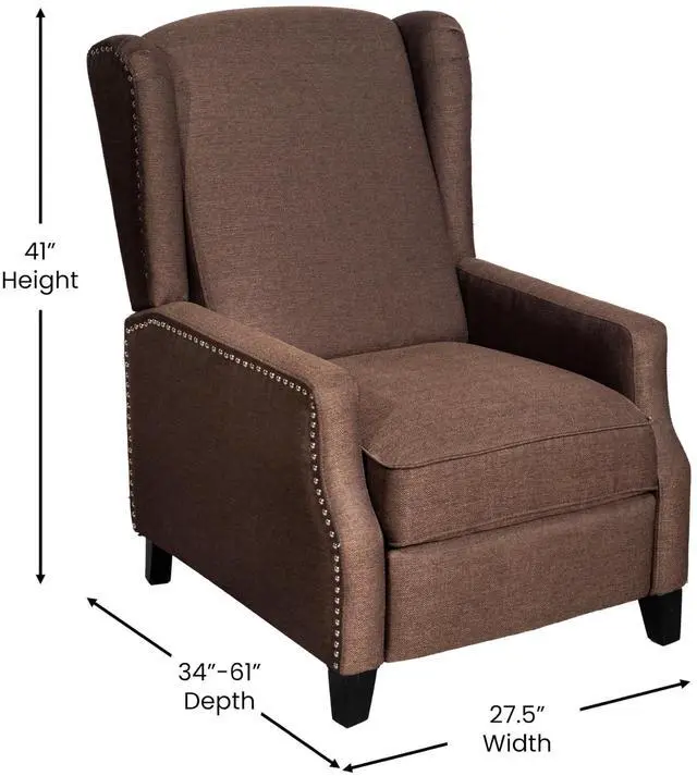 Alt view image 7 of 7 - Flash Furniture Prescott Slim Wingback Recliner Chair - Traditional Push Back Recliner - Brown Polyester Fabric with Accent Nail Trim - Pocket Spring Seat