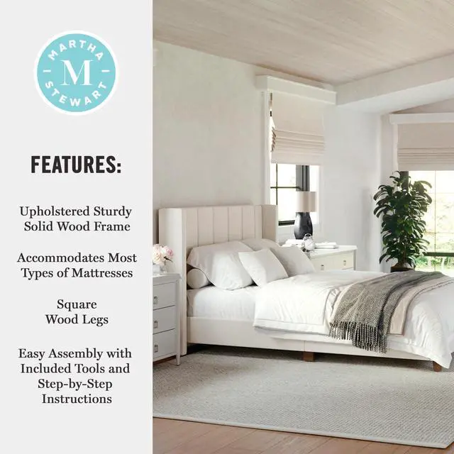 Alt view image 5 of 7 - Martha Stewart Kay Low Profile Platform Bed with Wingback Headboard, Channel Stitched Faux Linen Upholstery, No Box Spring Needed, Full, Beige