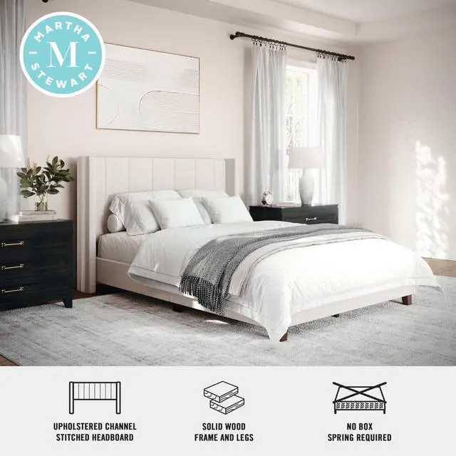 Alt view image 4 of 7 - Martha Stewart Kay Low Profile Platform Bed with Wingback Headboard, Channel Stitched Faux Linen Upholstery, No Box Spring Needed, Full, Beige