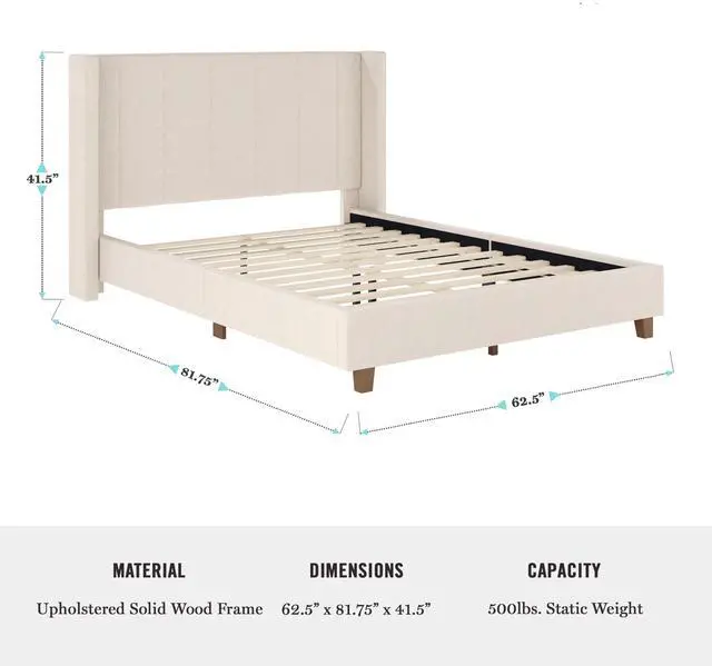 Alt view image 7 of 7 - Martha Stewart Kay Low Profile Platform Bed with Wingback Headboard, Channel Stitched Faux Linen Upholstery, No Box Spring Needed, Full, Beige