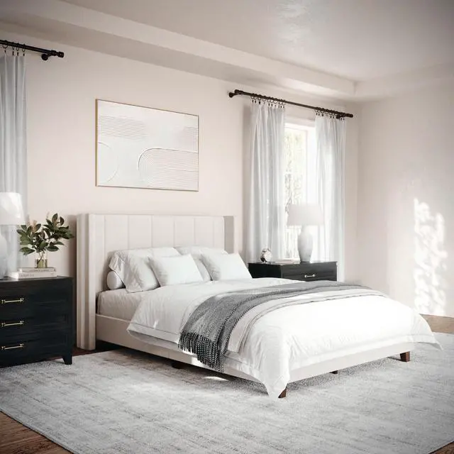Alt view image 6 of 7 - Martha Stewart Kay Low Profile Platform Bed with Wingback Headboard, Channel Stitched Faux Linen Upholstery, No Box Spring Needed, Full, Beige