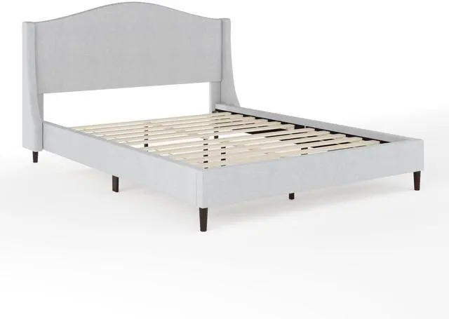 Alt view image 3 of 7 - Martha Stewart Amelia Platform Bed with Curved Headboard and Cushioned Side Rails, Faux Linen Upholstery, Wood Slat Foundation, No Box Spring Needed, Queen, Gray
