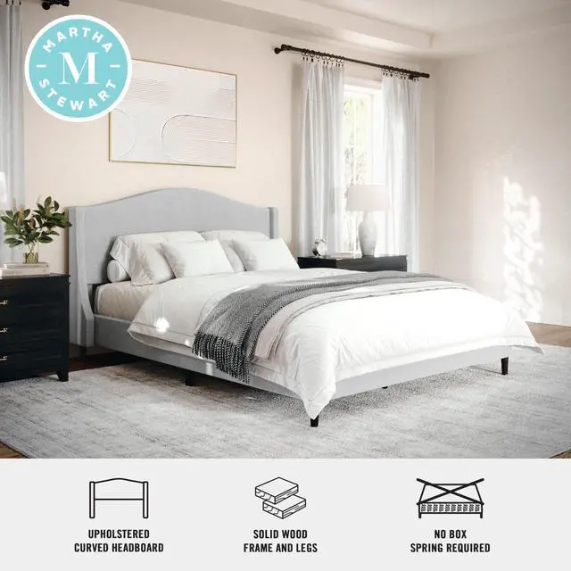 Alt view image 4 of 7 - Martha Stewart Amelia Platform Bed with Curved Headboard and Cushioned Side Rails, Faux Linen Upholstery, Wood Slat Foundation, No Box Spring Needed, Queen, Gray