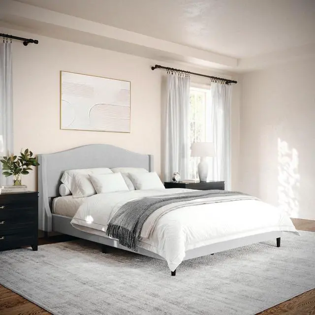 Alt view image 6 of 7 - Martha Stewart Amelia Platform Bed with Curved Headboard and Cushioned Side Rails, Faux Linen Upholstery, Wood Slat Foundation, No Box Spring Needed, Queen, Gray