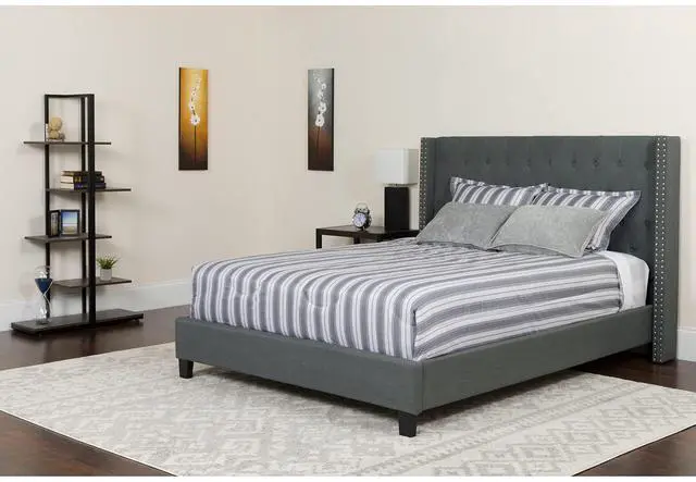 Alt view image 14 of 18 - Riverdale Queen Size Tufted Upholstered Platform Bed in Dark Gray Fabric with Memory Foam Mattress