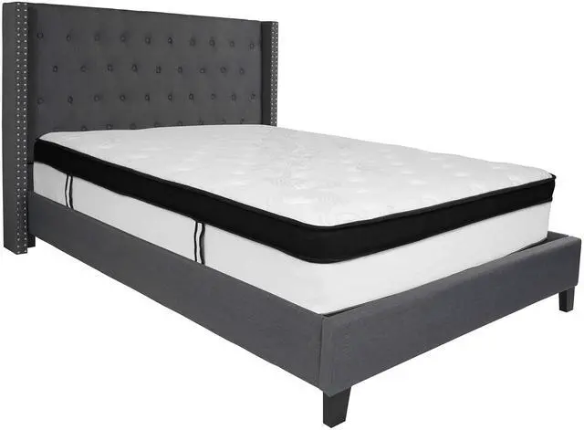 Alt view image 15 of 18 - Riverdale Queen Size Tufted Upholstered Platform Bed in Dark Gray Fabric with Memory Foam Mattress