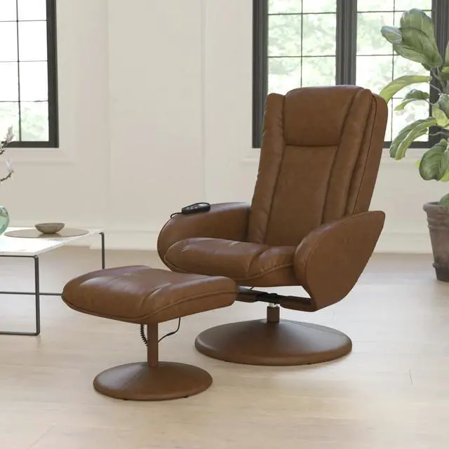 Main image of Flash Furniture Poppy Massaging Multi-Position Plush Recliner with Side Pocket and Ottoman in Brown LeatherSoft