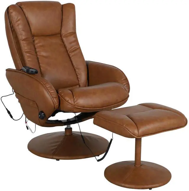 Alt view image 2 of 7 - Flash Furniture Poppy Massaging Multi-Position Plush Recliner with Side Pocket and Ottoman in Brown LeatherSoft