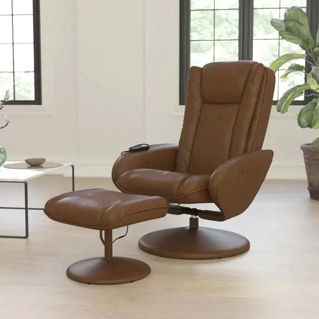 Alt view image 3 of 7 - Flash Furniture Poppy Massaging Multi-Position Plush Recliner with Side Pocket and Ottoman in Brown LeatherSoft
