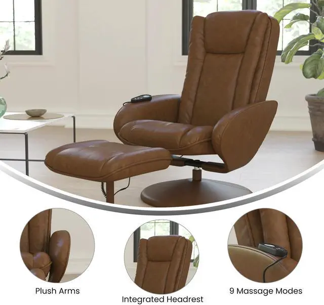 Alt view image 4 of 7 - Flash Furniture Poppy Massaging Multi-Position Plush Recliner with Side Pocket and Ottoman in Brown LeatherSoft