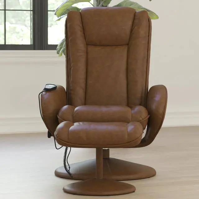 Alt view image 5 of 7 - Flash Furniture Poppy Massaging Multi-Position Plush Recliner with Side Pocket and Ottoman in Brown LeatherSoft