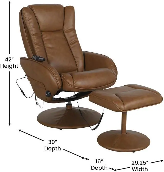 Alt view image 7 of 7 - Flash Furniture Poppy Massaging Multi-Position Plush Recliner with Side Pocket and Ottoman in Brown LeatherSoft