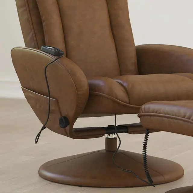 Alt view image 6 of 7 - Flash Furniture Poppy Massaging Multi-Position Plush Recliner with Side Pocket and Ottoman in Brown LeatherSoft