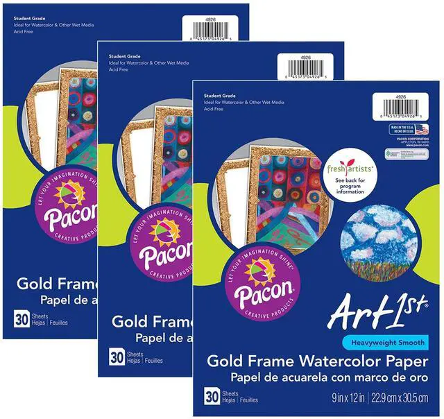 Main image of Watercolor Paper, Gold Frame, 9" x 12", 30 Sheets Per Pack, 3 Packs