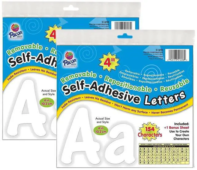 Main image of Pacon Self-Adhesive Letters, White, Cheery Font, 4", 154 Per Pack, 2 Packs