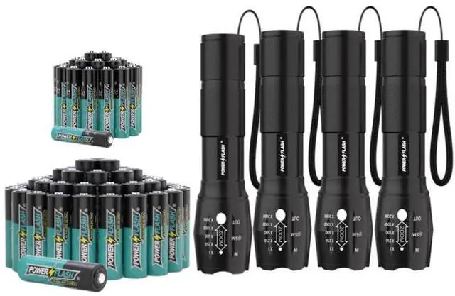 Main image of PowerFlash 24 AAA and 48 AA and 4 pack Flashlight, LR03,LR6, Set of Triple A and Double A Alkaline Batteries and Super Bright Flashlight for Outdoor camping & hiking, Household Use and Emergencies