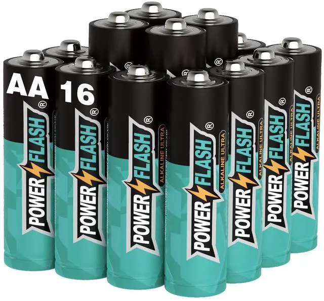 Main image of POWER FLASH Alkaline AA16 Batteries 1.5V long lasting batteries are ideal for use in high tech devices, clocks, remotes, and other household devices.