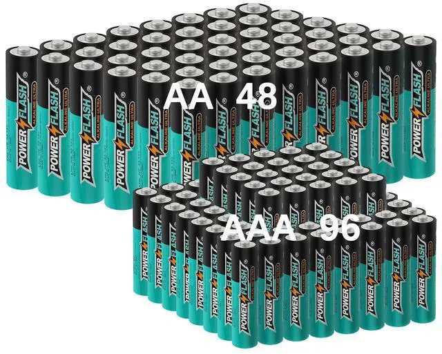 Main image of POWER FLASH Alkaline AA48 AAA96 Batteries 1.5V Long Lasting Batteries are Ideal for use in high tech Devices, Clocks, remotes, and Other Household Devices.