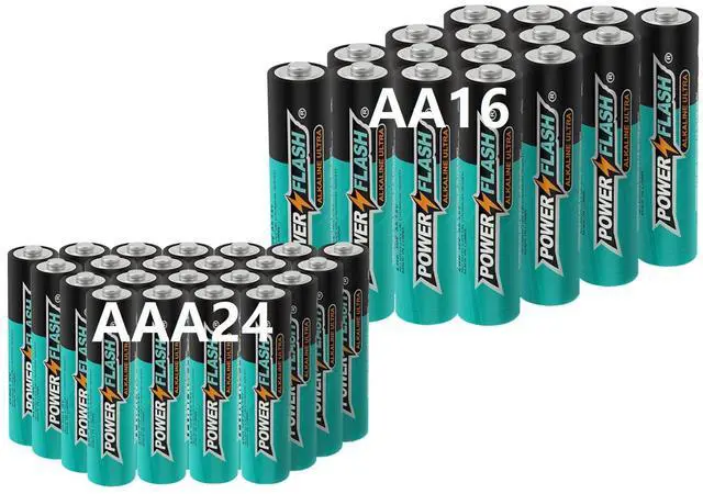 Main image of POWER FLASH Alkaline AA16 AAA24 Batteries 1.5V long lasting batteries are ideal for use in high tech devices, clocks, remotes, and other household devices.