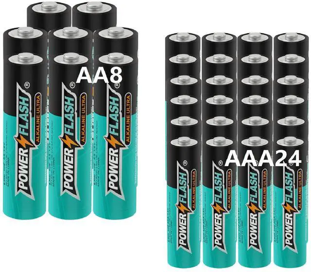 Main image of POWER FLASH Alkaline AA8 AAA24 Batteries 1.5V long lasting batteries are ideal for use in high tech devices, clocks, remotes, and other household devices.