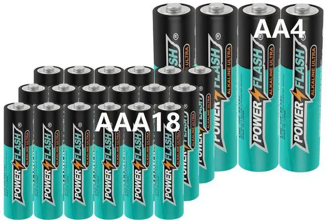 Main image of POWER FLASH Alkaline AA4 AAA18 Batteries 1.5V long lasting batteries are ideal for use in high tech devices, clocks, remotes, and other household devices.