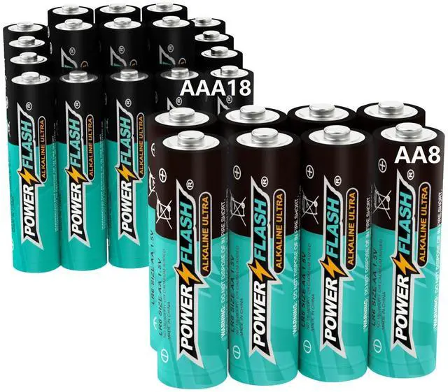 Main image of POWER FLASH Alkaline AA8 AAA18 Batteries 1.5V Long Lasting Batteries are Ideal for use in high tech Devices, Clocks, remotes, and Other Household Devices.