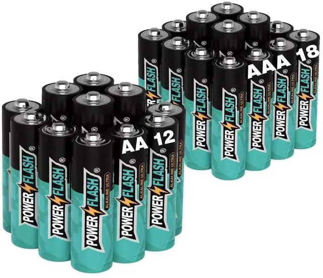 Main image of POWER FLASH Alkaline AA12 AAA18 Batteries 1.5V long lasting batteries are ideal for use in high tech devices, clocks, remotes, and other household devices.