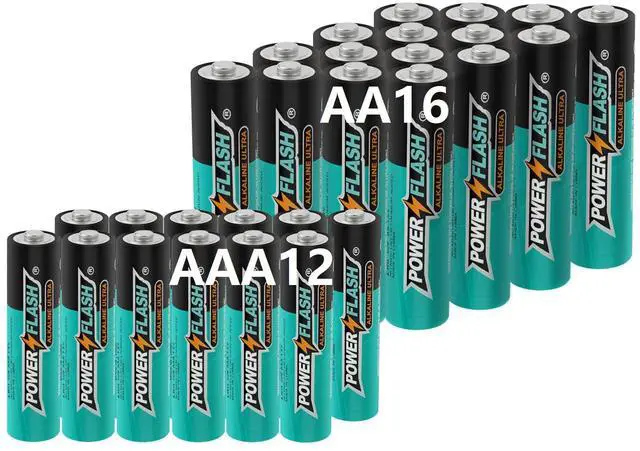 Main image of POWER FLASH Alkaline AA16 AAA12 Batteries 1.5V long lasting batteries are ideal for use in high tech devices, clocks, remotes, and other household devices.