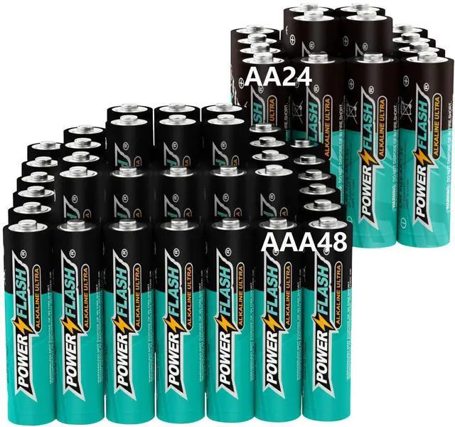 Main image of POWER FLASH Ultra Long Life Alkaline Combo AAA & AA Batteries, 48 Triple a Batteries and 24 Double a Batteries, 1.5V Batteries 10 Year Warranty
