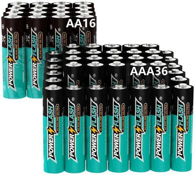 Main image of POWER FLASH Alkaline AA16 AAA36 Batteries 1.5V Long Lasting Batteries are Ideal for use in high tech Devices, Clocks, remotes, and Other Household Devices.