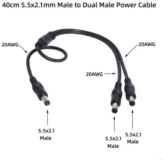 Alt view image 2 of 3 - Power 1 Male to 2 Male 5.5mm x 2.1mm Power Supply Splitter Cord for Camera
