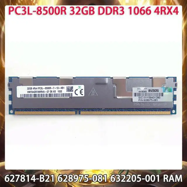 Main image of Server Memory 627814-B21 628975-081 632205-001 32GB DDR3L 1066MHz PC3L-8500R 4RX4 RAM