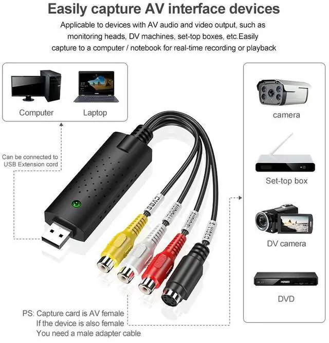 Alt view image 3 of 4 - USB Audio Video Capture Card Adapter with USB Cable USB 2.0 to RCA Video Capture Converter For TV DVD VHS Capture Device