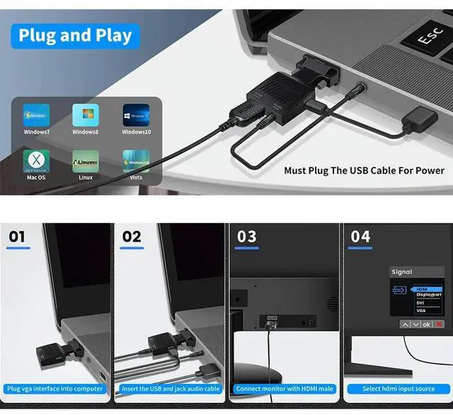 Alt view image 4 of 4 - VGA To HDMI-compatible Converter With 3.5mm Audio Cable For PS4 PC Laptop TV Monitor Projector 1080P VGA Male To HD Female Adapt
