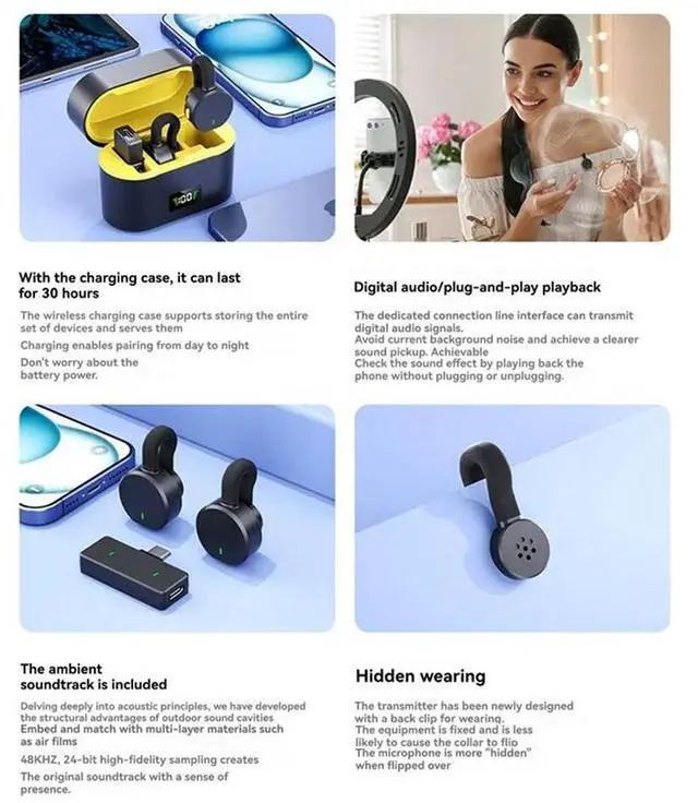 Alt view image 4 of 4 - Wireless Lavalier Microphone One-To-Two Portable Noise-Reduction Charging Case For Indoor And Outdoor Live