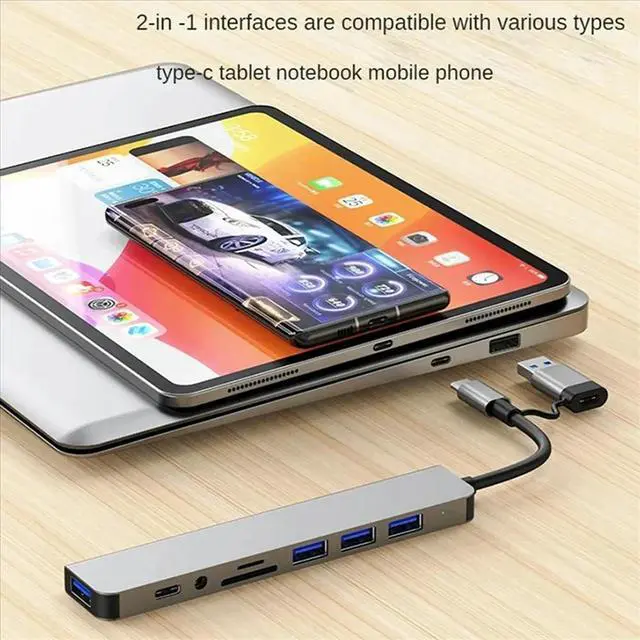 Alt view image 3 of 4 - 8 in 2 USB +Type C HUB Docking Station with 3.5mm Audio Jack Adapter Micro SD Card Reader Laptop Tablet Phone Disk Converter
