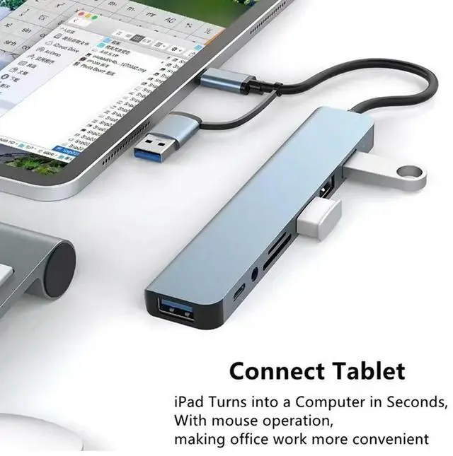 Alt view image 4 of 4 - 8 in 2 USB +Type C HUB Docking Station with 3.5mm Audio Jack Adapter Micro SD Card Reader Laptop Tablet Phone Disk Converter