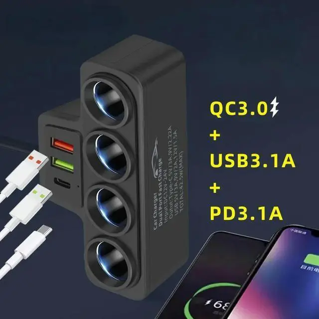Alt view image 2 of 3 - 12V/24V Car Cigarette Lighter Adapter 4-Socket 3.1A Charger Charger USB Car USB+QC3.0+PD3.1A Accessories 120W Power Outlet