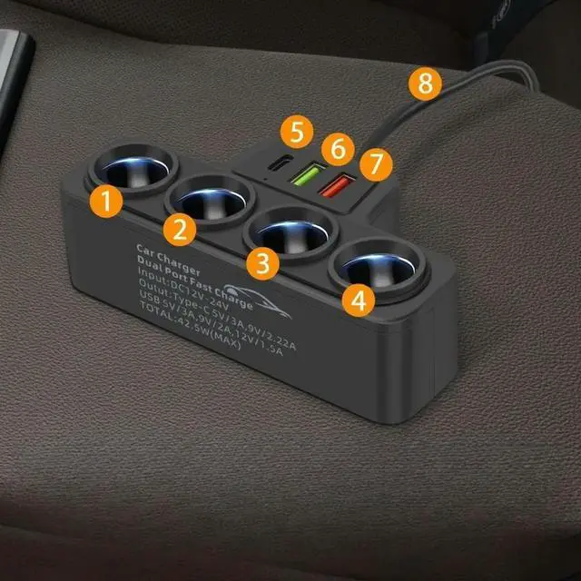 Alt view image 3 of 3 - 12V/24V Car Cigarette Lighter Adapter 4-Socket 3.1A Charger Charger USB Car USB+QC3.0+PD3.1A Accessories 120W Power Outlet