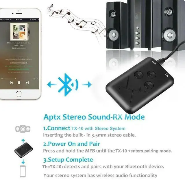 Alt view image 2 of 3 - Bluetooth 2.1 3.5mm Audio Wireless Transmitter Receiver 2 In 1 Adapter Stereo Audio for TV Car Speaker Music