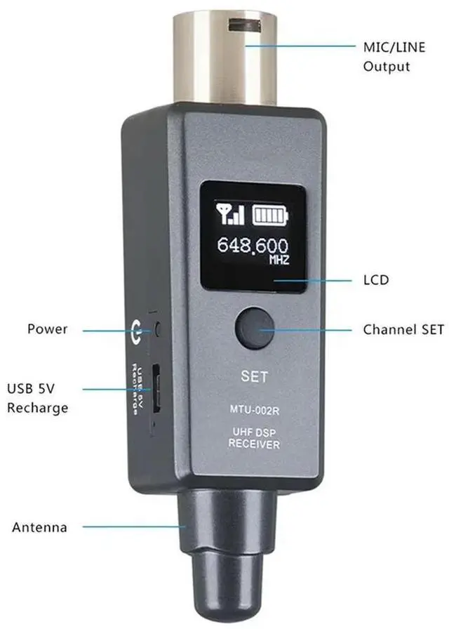 Alt view image 4 of 4 - Wireless Mic System UHF DSP Dynamic Rechargeable Transmitter Receiver Mic/Line Two Modes For Mixers Recorders Speakers