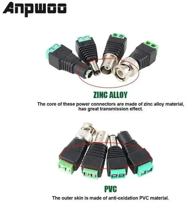 Alt view image 2 of 3 - Coaxial Camera DC Power Adapter Connector, BNC Male and Female Balun Connector for Coax Cat5 CCTV, 2.1x5.5mm Female and Male, 5P