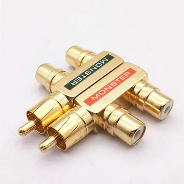 Alt view image 2 of 3 - Copper Gold-Plated Lotus One Divided Into Two RCA Male To 2rca Female Audio Signal Converter Rca3 Head Converter