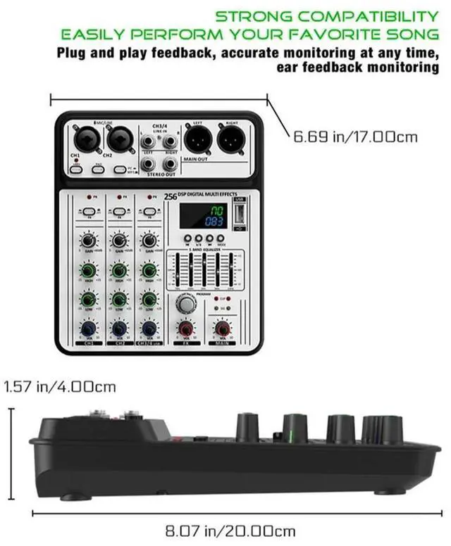 Alt view image 3 of 4 - Professional D-04 4 Channel 256DSP Audio Mixer USB Studio Bluetooth DJ Console Mixer