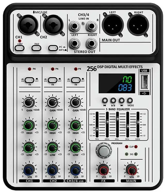 Main image of Professional D-04 4 Channel 256DSP Audio Mixer USB Studio Bluetooth DJ Console Mixer