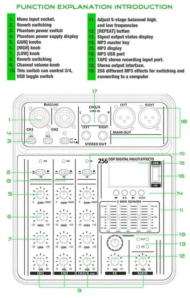 Alt view image 2 of 4 - Professional D-04 4 Channel 256DSP Audio Mixer USB Studio Bluetooth DJ Console Mixer