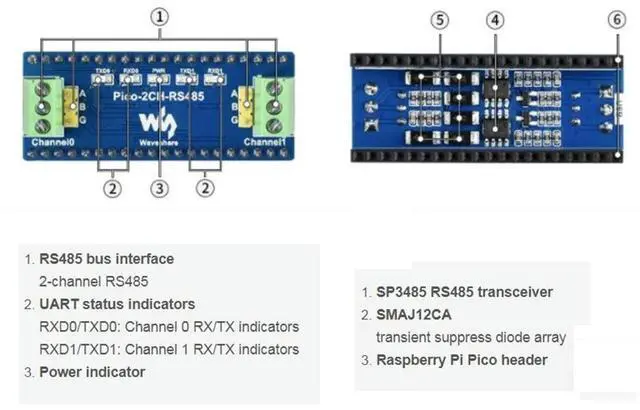 Alt view image 2 of 4 - Pico-2CH-RS485, 2-Channel RS485 Module For Raspberry Pi Pico, SP3485 Transceiver, UART To RS485, Standard Pi Pico Header