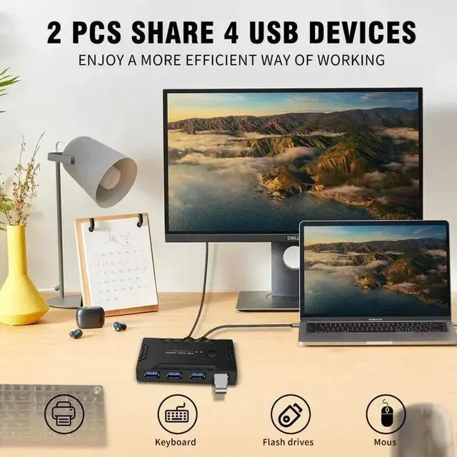 Alt view image 3 of 3 - USB Switch for 2 PCs Sharing 4 Devices, USB 3.0 2.0 KVM Switch, 10 PC Keyboard Mouse Printer Sharing