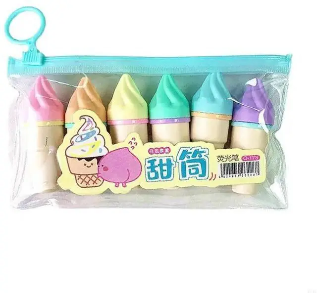 Main image of 6pcs Mini Highlighter Pen Cartoon Ice Cream Fluorescent Marker Pens School Office Stationery Supply